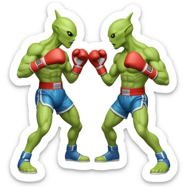 two aliens boxing in a fight stance, facing each other with raised gloves, dynamic action pose, intense expressions, sci-fi arena vibe, 3D cartoon style, mobile game icon style, clean background, no text, no watermark
 sticker