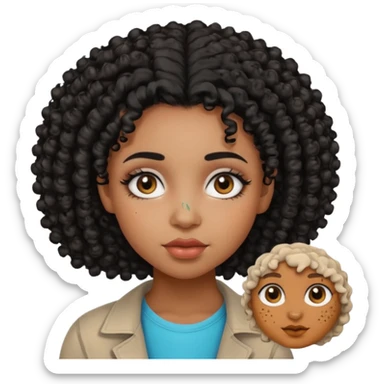 Fille de couleur de peau noir Avec des cheveux bouclés, des yeux de deux couleurs différentes, un petit nez, des lèvres pulpeuses un peu de blush sur les pommettes Highlighter sur le nez fossiles sticker