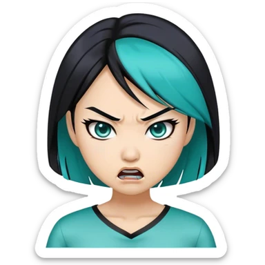 Black hair Asian women with teal highlights and angry face  sticker