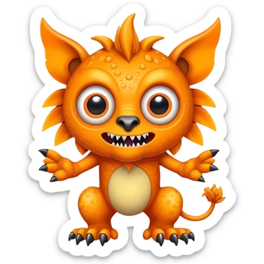An orange creature with a lion face with fangs, alien googly eyes, claws, wings, with white dots. sticker