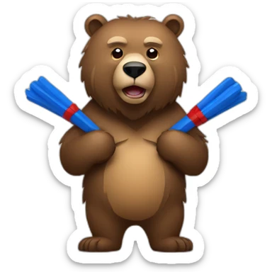 Grizzly holding 2 blue and red sticks sticker