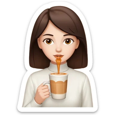 white brunette with brown eyes and a white outfit, drinking a caramel machiatto sticker