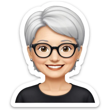 bà lão 60 tuổi, da trắng, tóc ngắn màu bạc, đeo kính màu đen, mặt cười tươi sticker