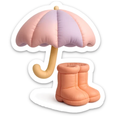 plush umbrella and rain boots, stylized and soft, playful colors, cushion style sticker