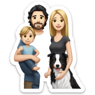 Family formed by a White man and a White woman with long black hair and a baby and a small black border collie dog sticker