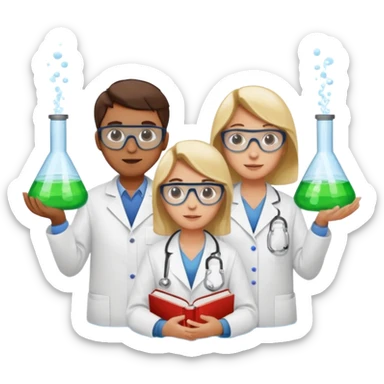 The team of scientists is waist-deep, surrounded by chemical flasks and books sticker