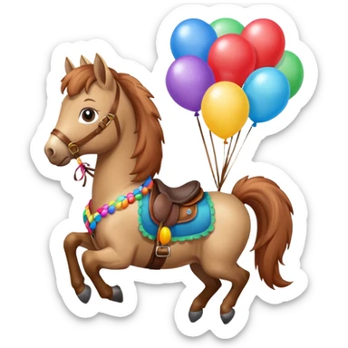 A small pony holding colorful balloons tied to its saddle, looking cheerful. sticker