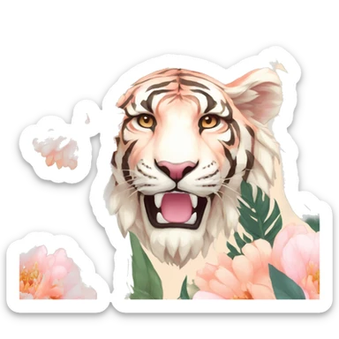 Pixel art of a pixel pink peach beige blue cream pastel pixel tiger pixel lion wearing tropical flowers and leaves, flower crown, floral, pixel sticker