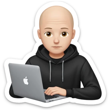 bald young programmer with MacBook wears hoodie  no scalp wrinkle sticker