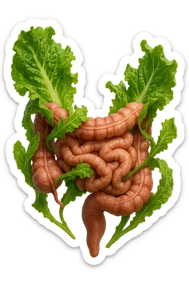 foglie di insalata che attaccano un intestino anatomico umano per distruggerlo, IPERREALISTICO 4K sticker