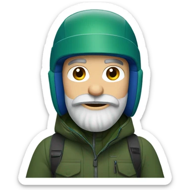 Snowboarder with a RED helmet, blue eyes, grey beard, dark green jacket sticker