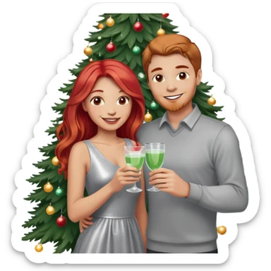 Couple at a Christmas party. The man has short light brown hair, light skin, and is wearing a light gray shirt, holding a drink. The woman has long red hair, light skin, wearing a shiny silver dress, smiling and standing close to the man. Christmas tree with lights in the background. Festive atmosphere. sticker