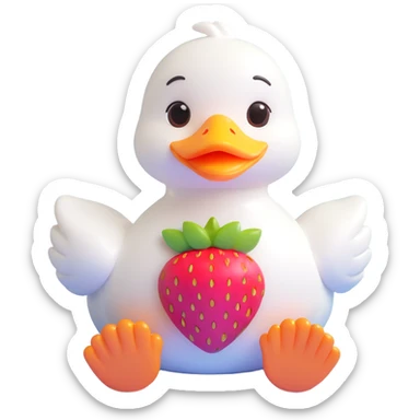 cute white duck with a strawberry-shaped shoulder bag, kawaii 3D style, pastel colors, big shiny eyes, soft lighting, iOS 18, duck sitting down sticker