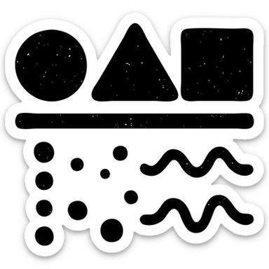 abstract minimalist solid icon of geometric shapes below a horizontal line, with abstract data streams of lines, dots, or waves, worn and distressed effect sticker