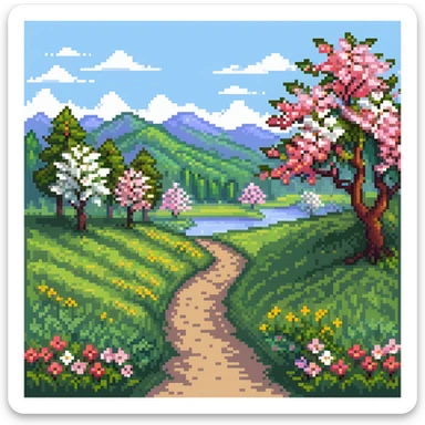 Spring landscape with blooming cherry trees, colorful flowers, and green grass sticker