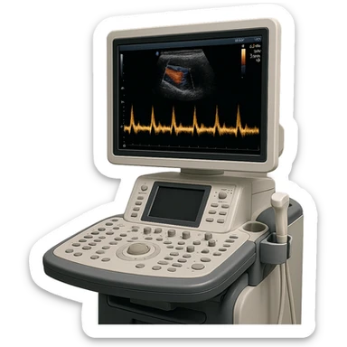 ultrasound machine with doppler waveform on screen, clinical environment, realistic details sticker