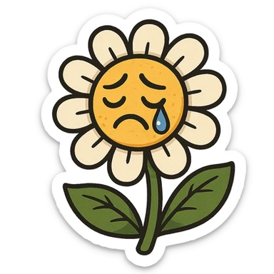 Make the sad flower have a teardrop in the style of cartoonish stickers sticker