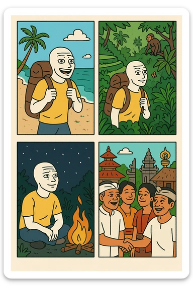 Create a wojak-style comic book with four panels, telling the story of a bali nomad's adventure sticker