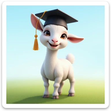 cute white goat standing on green grass, wearing a black graduation cap, bright daylight, soft blue sky background, proud and confident expression, semi-realistic style sticker