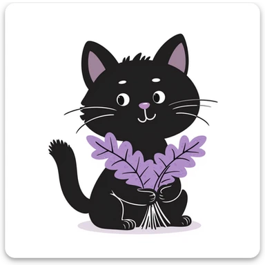 cat holding a bouquet of purple lilac flowers in hand, hand drawn doodle style sticker