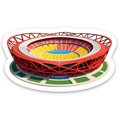 Beijing National Stadium Bird's Nest Olympic structure, simplified emoji style with bold outlines and bright colors, cartoon style modern nest-like building sticker