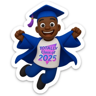 Create a cool emoji based on the person in the reference photo, wearing a graduation outfit, jumping in the air with excitement, in a 3D cartoon style. Background should be transparent. sticker