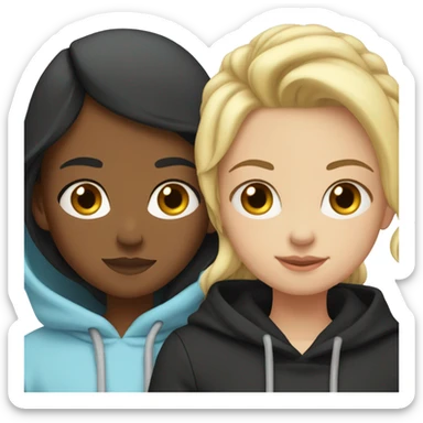 Blonde girl wearing light blue hoodie hugging black haired girl wearing black hoodie sticker
