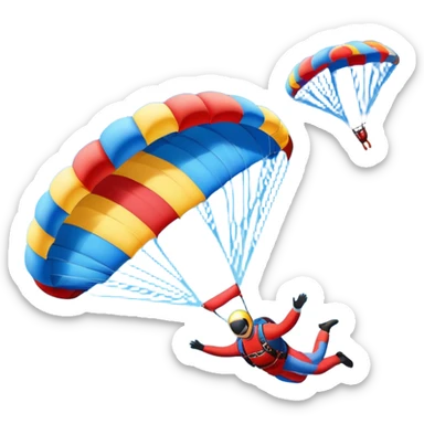 A skydiver free-falling through the sky, with a brightly colored parachute open above them. The background features a vast blue sky dotted with fluffy clouds, birds soaring nearby, and a plane flying off in the distance, emphasizing the thrill and freedom of the sport. sticker