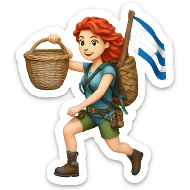 Female mountaineer red hair climbing with Easter eggsbasket and Greek flag sticker