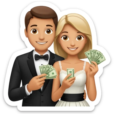 a newlywed couple holding money sticker