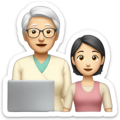young asian lady in front of computer with old grandma standing next to her sticker