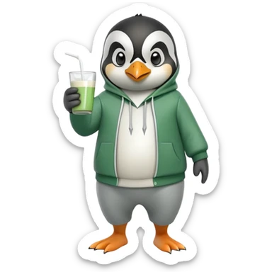 full body portrait of a friendly anthropomorphised penguin wearing a green mafia-style tracksuit, angry, confident scheming stance, holding a glass of milk sticker