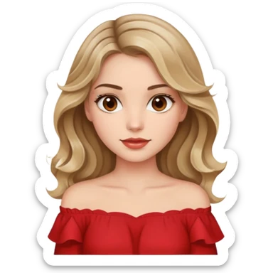 a beautiful girl with wavy and dark blond hair and her eyes are brown. The girl from once has a beautiful red blouse in which from the shoulders starts  sticker