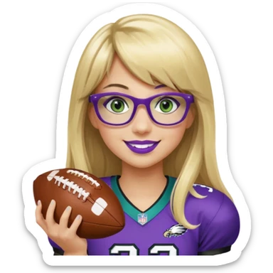 long blonde hair with bangs black rectangle glasses female green eyes football player wearing eagles uniform jersey number 33 holding football smiling purple lipstick sticker