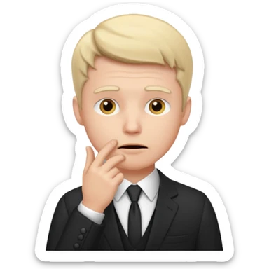 white man in formal suit thinking hard, hand to mouth sticker