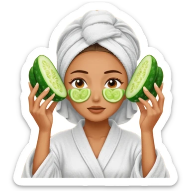 woman at the spa with cucumbers slices covering her eyes and tan skin tone with towel completely covering hair and robe on sticker