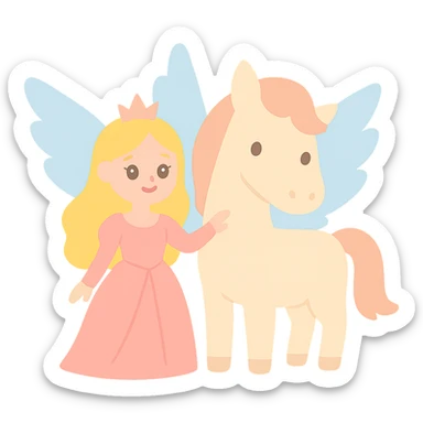 Barbie flying horse princess, Barbie princess standing side by side with flying horse, pink long dress, flying horse with wings, fairy tale illustration style sticker