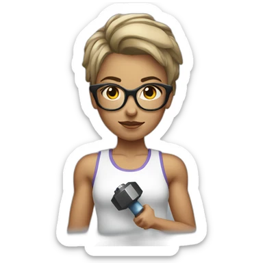White Sports Girl with short hair glasses holding dumbbell sticker