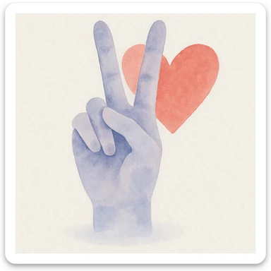 realistic hand making a peace sign, mostly purple and blue, with a red heart in the background, watercolor style sticker