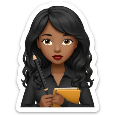 A young woman with long black hair, a wavy frange falling on half of her head.  She's black, medium to dark skinned with thick lips. She's holding something that let's us know she's the CEO of a creative agency, but she's wearing black casual clothes. she has long eyelashes. sticker