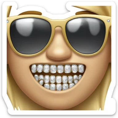 movie star with sunglases and shiny teeth that every tooth is replaced with a diamond sticker