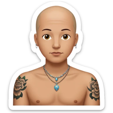a bald head wearing necklace, having tattoo sticker