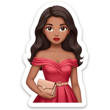 A woman with darker almond-toned skin, more voluminous dark hair in waves, expressive eyes with soft lashes and shimmer, full lips with a glossy nude-pink color, wearing a red dress and a white crossbody sash with “Miss San Juan” in black letters, exuding elegance and confidence sticker
