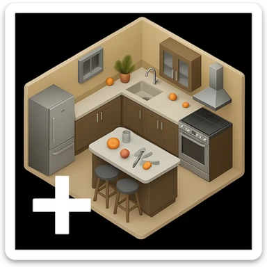 Place a plus symbol to the left side of the kitchen emoji, outside the kitchen area, ensuring it does not overlap or cover any part of the kitchen. Keep the style and perspective consistent with the original image. sticker