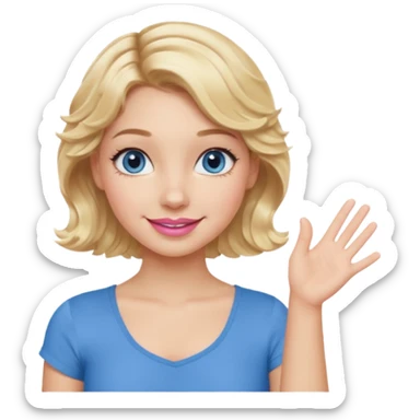 Girl Blonde short wavy hair,  blue eyes, cute blue top, long lashes, pink lips, smiling, one hand palm up side ways  sticker