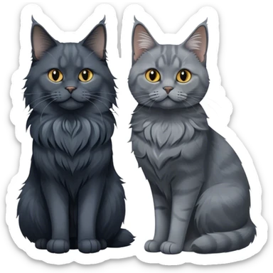 Portrait of a black smoke Maine Coon cat with long grey ear tufts, alongside a British Shorthair cat with a solid blue coat. Both cats with detailed fur textures and playful expressions. Soft, elegant background with warm, natural tones. Transparent background. sticker