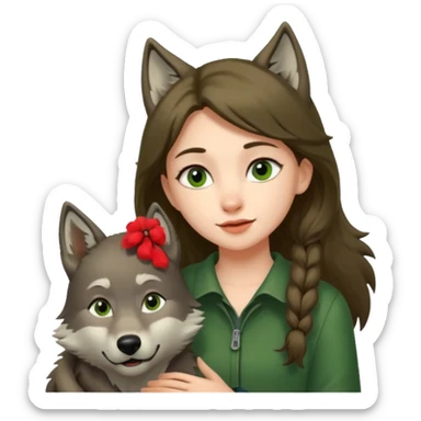 Caperucita roja acariciando la cabeza de un lobo macho en un bosque sticker