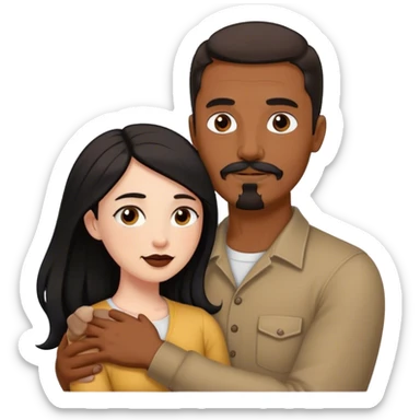 Tall man with brown mustache and goatee hugging a short pale woman with long black hair sticker