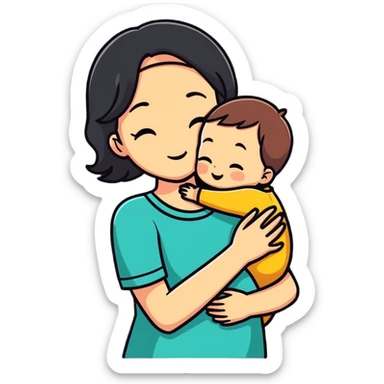 Mother's Day sticker, mom hugging child, cute, cartoon style sticker