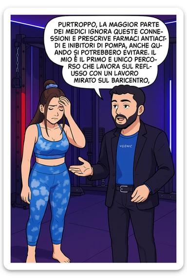 TRASFORMA QUESTO CAROSELLO IN UN FUMETTO STILE WEBTOON/MANGA A COLORI CON QUESTE DUE PERSONE IDENTICHE CHE INTERLOQUISCONO TRA LORO, L'uomo sta spiegando alla donna questo concetto MENTRE LA DONNA SI TIENE la mano sulla fronte sconcertata:

LUI (UOMO): Purtroppo, la maggior parte dei medici ignora queste connessioni e prescrive farmaci antiacidi e inibitori di pompa, anche quando si potrebbero evitare.
Il mio è il primo e unico percorso che lavora sul reflusso con un lavoro mirato sul baricentro; sticker